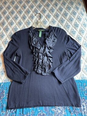 Ralph Lauren Navy Ruffle-Front Long Sleeve Cardigan